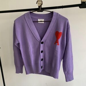 Ami Lavender Cardigan with Red Heart Accent